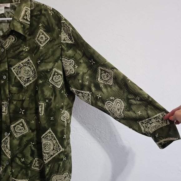 Vtg Susan Graver Shirt Womens 3X Green Paisley Button Up Long Sleeve Blouse - Picture 4 of 7